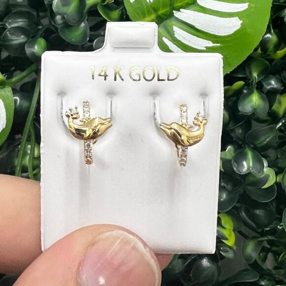 New 14K Yellow Gold Dolphin Huggies Earrings 14x11mm Womens Argollas Oro Mujeres